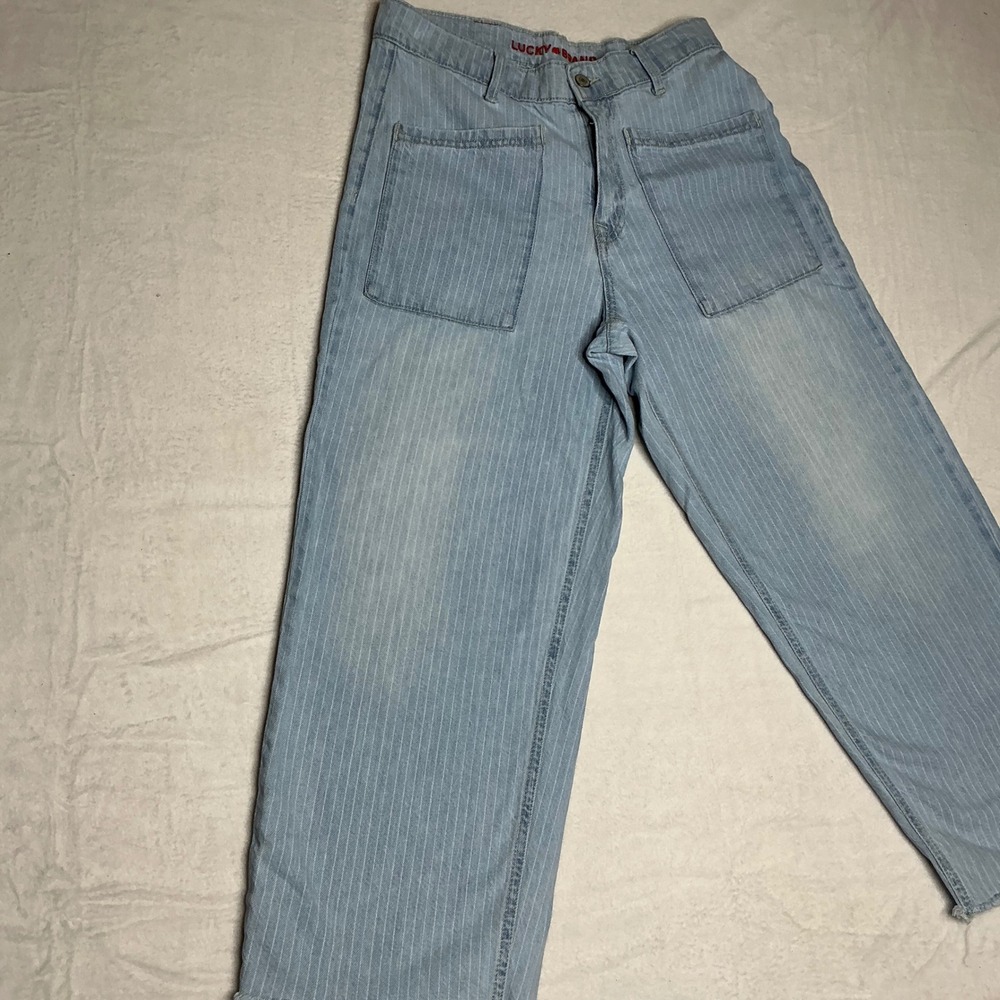 Lucky Brand Womens Wide Leg Crop Jeans Light Wash Pinstripe Frayed Hem Size 8